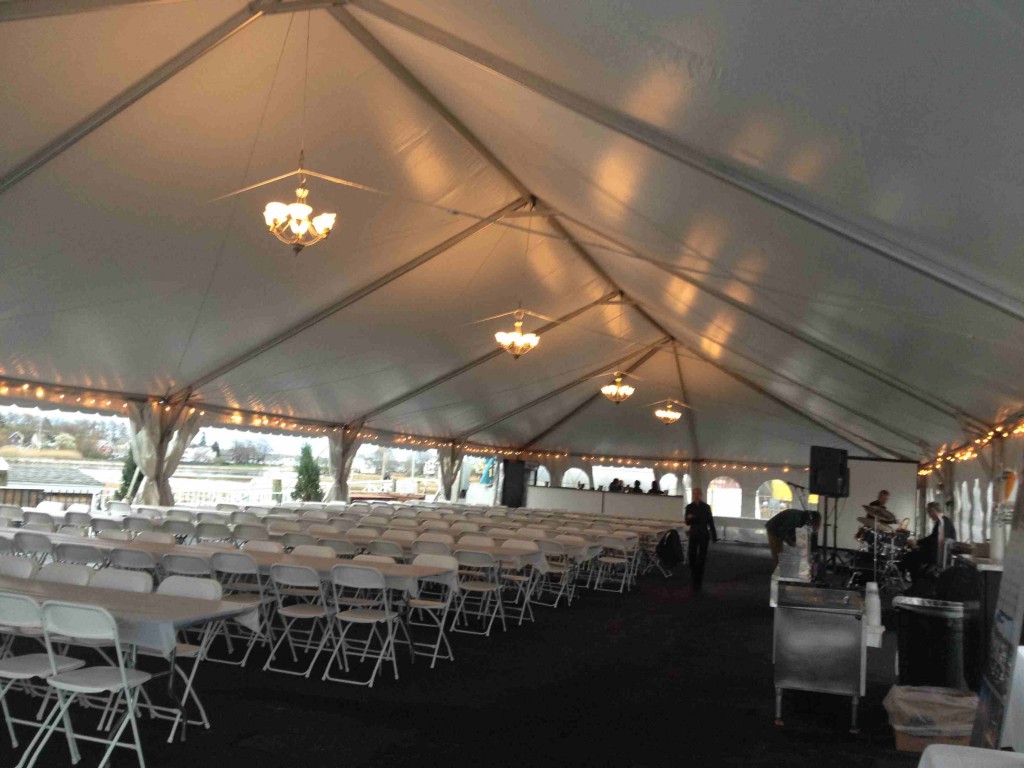 40x100 Frame Tent with Silver Chandeliers Tent and Party Rentals Company