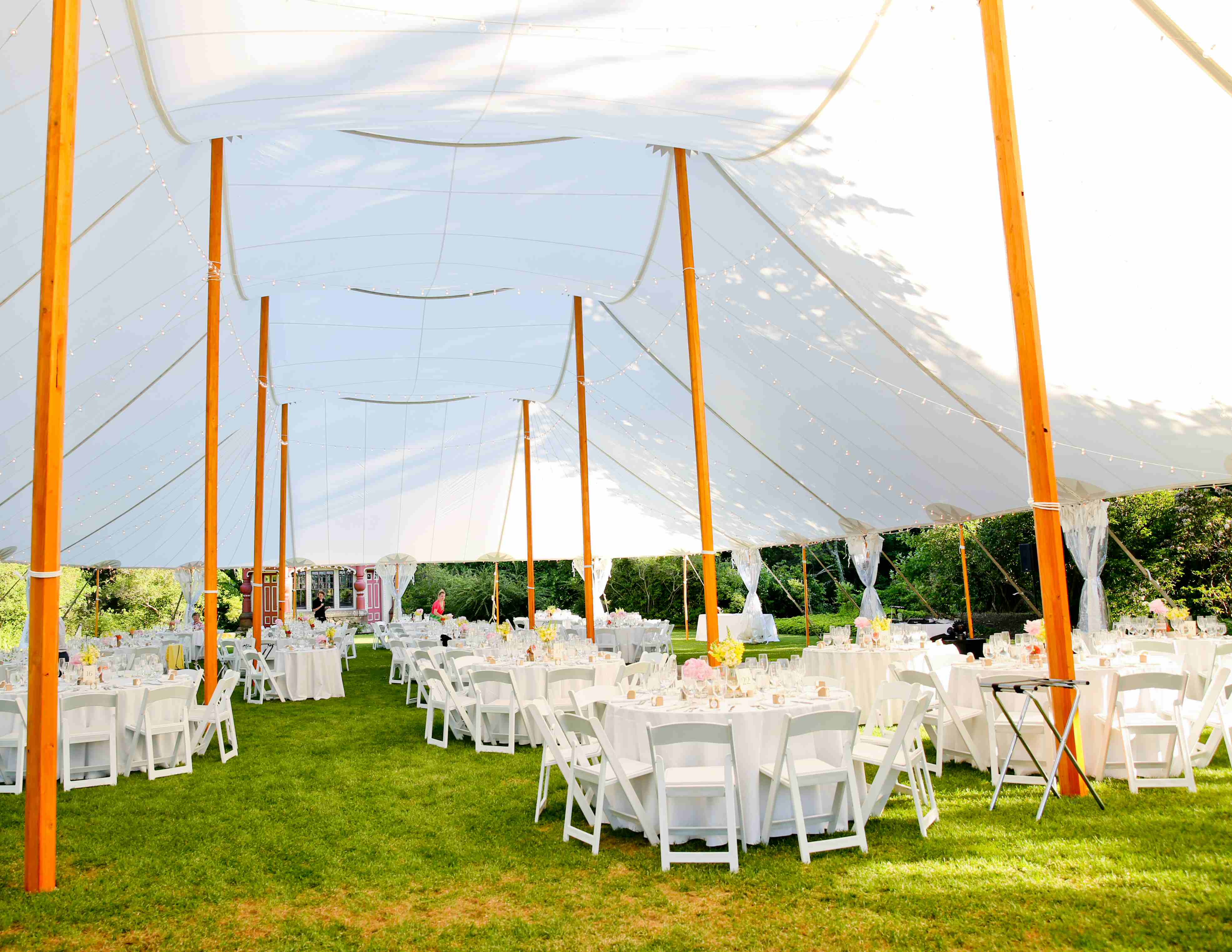 59x119 Tidewater Sailcloth Tent with White Garden Chairs