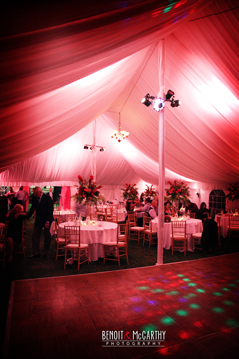 Full Gathered Tent Liner with Par Can Spot Lights and a Parquet Dance Floor