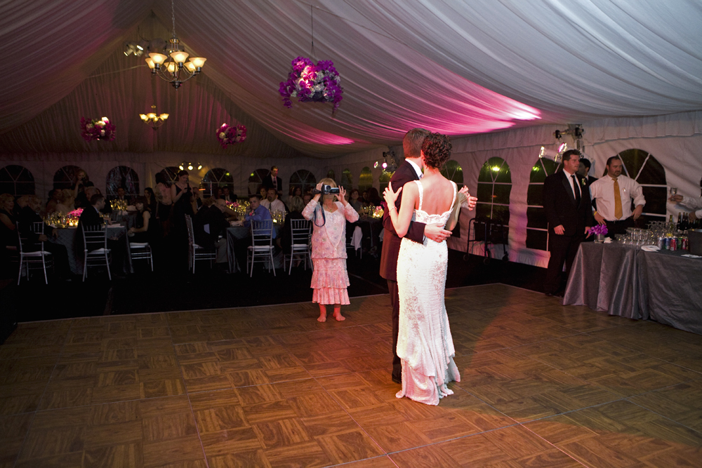 Full Gathered Tent Liner with Chandeliers and Parquet Dance Floor in a Frame Tent