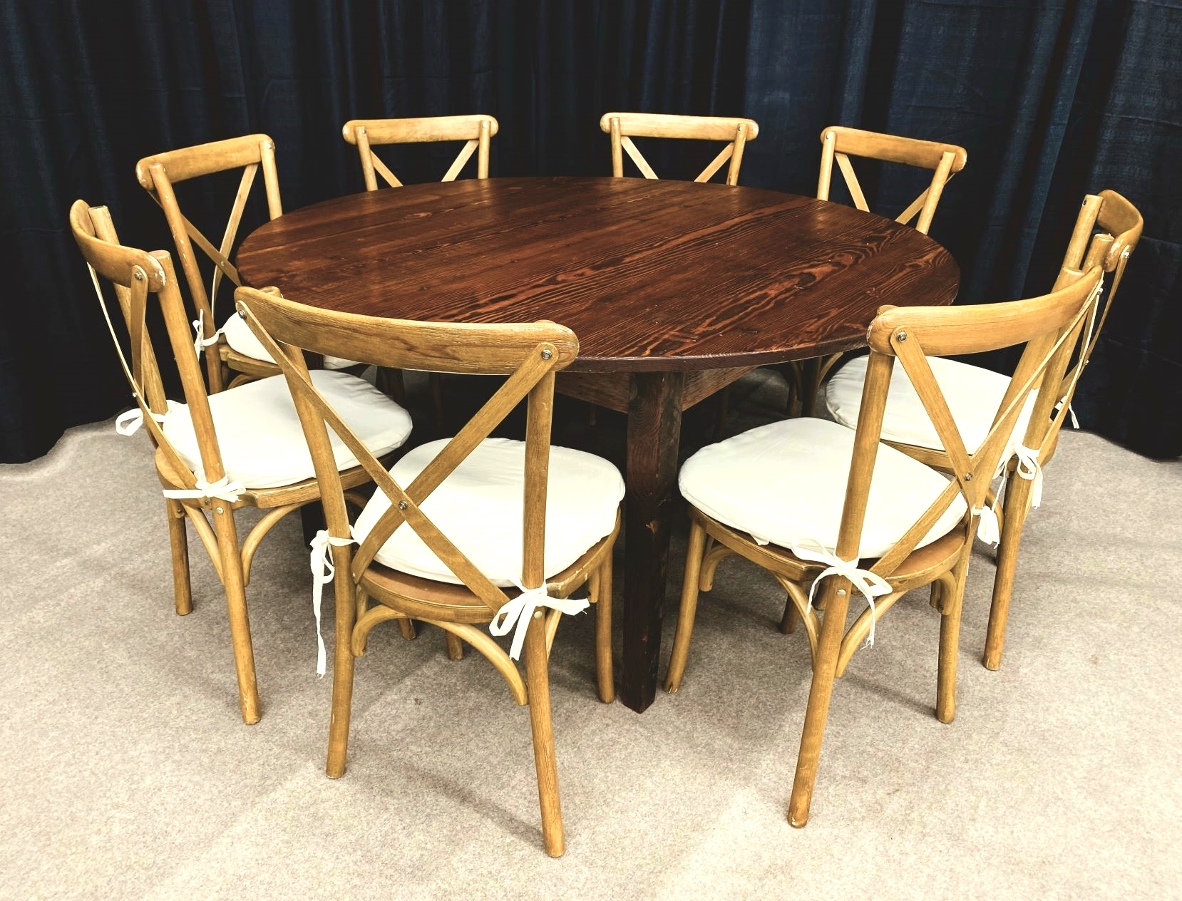 60 in. Round Farm Tables with Cross Back Chairs