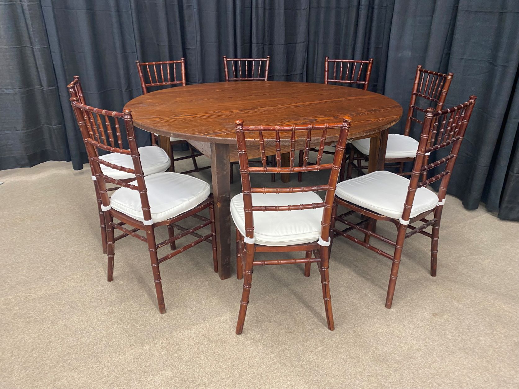 60 in. Round Farm Tables with Fruitwood Chiavari Chairs