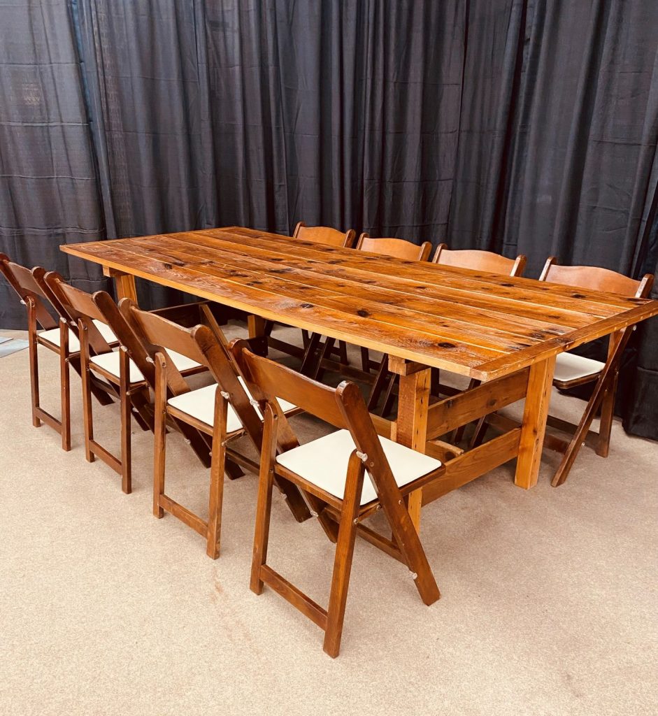 Rustic Farm Table with Fruitwood Garden Chairs - Tent and Party Rentals ...