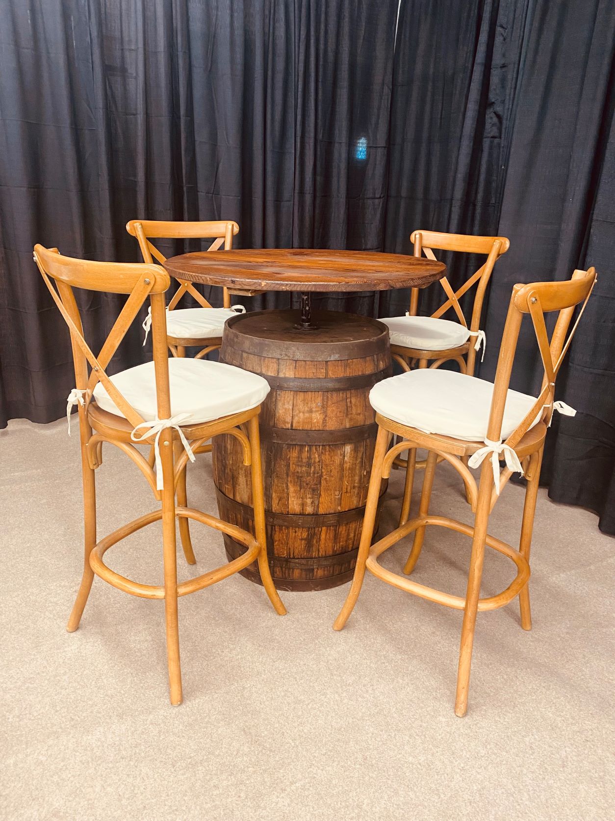 Whiskey Barrel Hightop with Cross Back Hightop Chairs